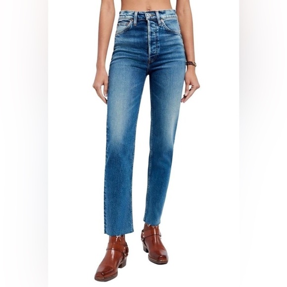 RE/DONE 70S ULTRA HIGH RISE STOVE PIPEDENIM RAW HEMS WASH BROKEN IN DARK
